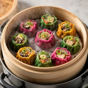 Dim sum vegetaux verts, roses et dores cuisant a la vapeur dans un panier bambou