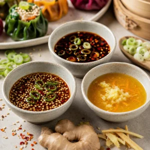 Trois sauces pour dim sum au tamari, piment-oignon et agrumes-gingembre