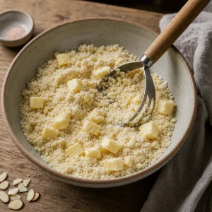 Mandelmehlmischung mit kalter Butter zu groben Kruemeln verarbeitet