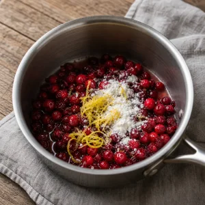 Preiselbeeren mit Zitronenschale und Staerke in einem Topf