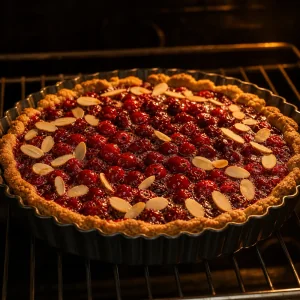 Preiselbeer-Mandel-Tarte sprudelt im Ofen