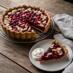Fertige Preiselbeer-Mandel-Tarte mit Stueck und Joghurt