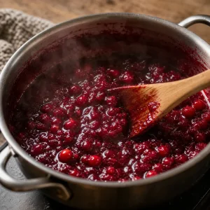 Glaenzende Preiselbeerfuellung sprudelt in einem Topf