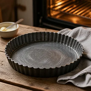 Gefettete Tarteform auf einer Holzarbeitsflaeche