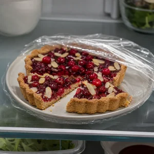 Abgedeckte Preiselbeer-Mandel-Tartestuecke im Kuehlschrank