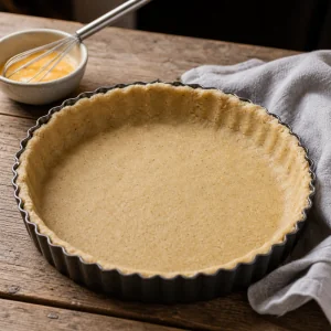 Weicher Mandelteig in eine geriffelte Tarteform gedrueckt