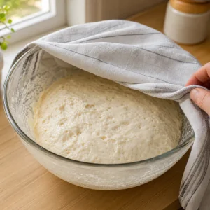 Tigela coberta com massa de gogosi sem gluten descansando ate ficar levemente crescida.