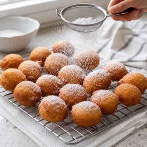 Mini gogosi recem-fritos escorrendo numa grade enquanto recebem acucar de confeiteiro.