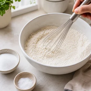 Farinha sem gluten, acucar e sal misturados com um batedor numa tigela grande.