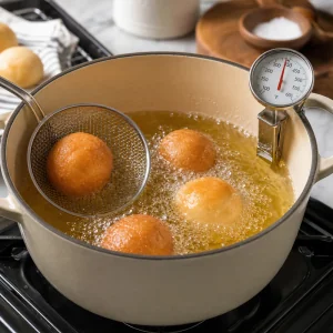 Mini bolas de massa de gogosi fritando em oleo quente com termometro perto de 350 graus Fahrenheit.