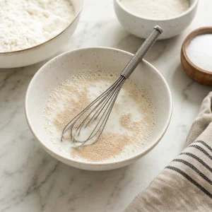 Leite morno, fermento e acucar batidos ate espumar para a massa de gogosi sem gluten.
