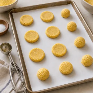 Porções achatadas de massa de biscoito de milho sobre papel manteiga