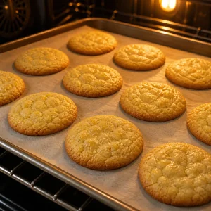 Biscoitos de milho com mel assando com bordas levemente douradas