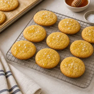 Biscoitos de milho com mel esfriando em uma grade com sal marinho