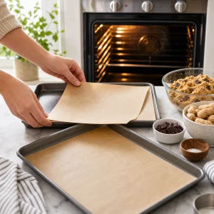 Baking sheets lined with parchment paper for gluten-free peanut butter cookies.
