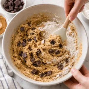Chocolate chunks folded into gluten-free peanut butter cookie dough.