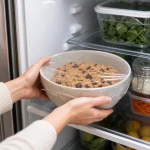 Covered peanut butter chocolate chunk cookie dough chilling in the refrigerator.