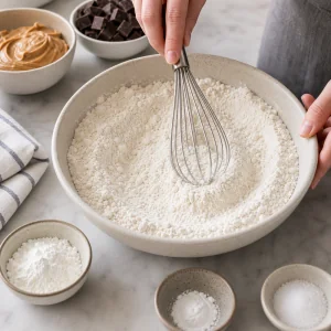 Dry gluten-free cookie ingredients being whisked in a mixing bowl.