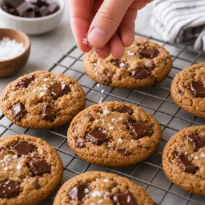 Flaky sea salt sprinkled over warm peanut butter chocolate chunk cookies.