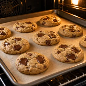 Peanut butter chocolate chunk cookies baking in the oven.