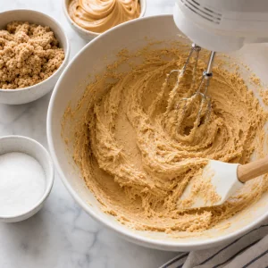 Peanut butter cookie dough being creamed with butter and sugars.