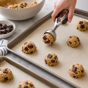Raw peanut butter chocolate chunk cookie dough scooped onto a baking sheet.