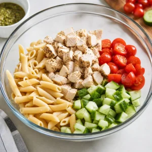 Cold pasta combined with chicken cherry tomatoes and cucumber in a mixing bowl