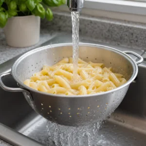 Cooked gluten-free pasta rinsed under cold running water in a colander