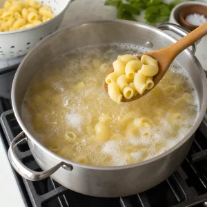 Gluten-free pasta cooking in a pot of salted boiling water