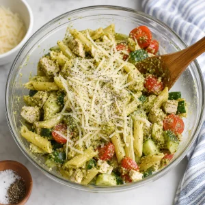 Parmesan folded into pesto chicken pasta salad with salt and pepper