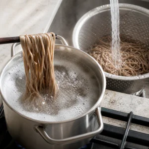 Soba noodles being rinsed in a colander after boiling