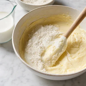 Ingredientes secos e leite envolvidos numa massa lisa e clara de baunilha