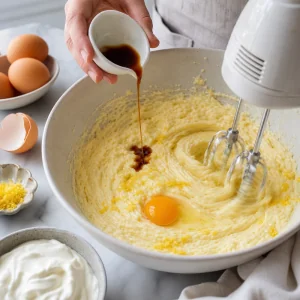 Ovos, baunilha e raspa de limao misturados numa massa clara de baunilha com iogurte grego ao lado