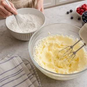 Mistura de farinha sem gluten mexida ao lado de manteiga e acucar batidos ate ficarem fofos