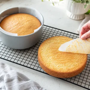 Camadas douradas de bolo de baunilha a arrefecer numa grelha enquanto se retira o papel vegetal