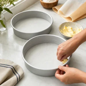 Duas formas redondas forradas com papel vegetal e ligeiramente untadas para bolo de baunilha em camadas