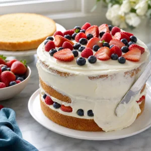 Bolo de baunilha em camadas coberto com creme e decorado com morangos mirtilos e framboesas