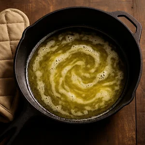 Geschmolzene Butter bedeckt Boden und Rand einer heißen Pfanne.