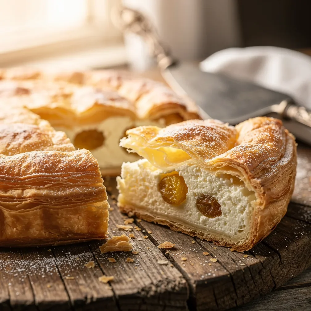 Uma torta de massa folhada dourada e crocante com recheio visível sobre uma mesa de madeira