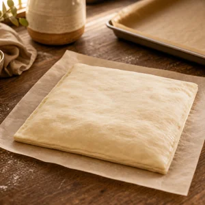Tarte de massa folhada coberta sobre papel vegetal