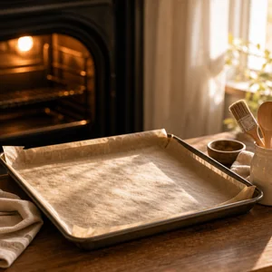 Tabuleiro com papel vegetal junto ao forno quente