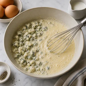 Crumbled gorgonzola whisked with cream and eggs for the tart filling