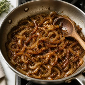 Deep golden caramelized onions cooking in a skillet with thyme