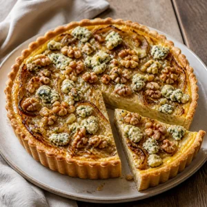Готовый тарт с сыром горгонзола, карамелизированным луком и грецкими орехами в рассыпчатой основе