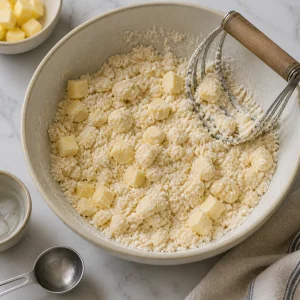 Tart crust ingredients mixed with cold butter into coarse crumbs