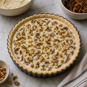 Tart shell filled with caramelized onions, gorgonzola custard, and chopped walnuts