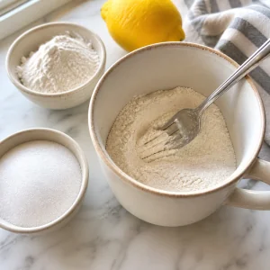 Dry cake ingredients stirred in a mug
