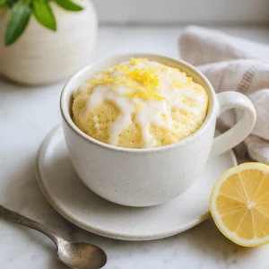 Finished lemon mug cake with glaze and lemon zest