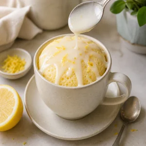 Lemon glaze drizzled over warm mug cake
