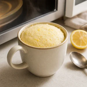 Warm lemon mug cake resting after microwaving